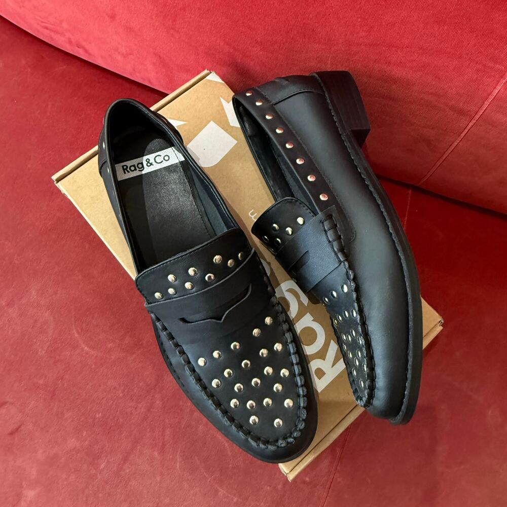 Rag & Co Leather Studded Loafers Black 7